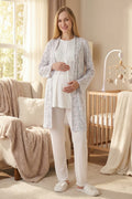 Guipure Collar 3-Piece Maternity Feeding-Friendly Pajama & Patterned Robe Set Ecru - Z3473