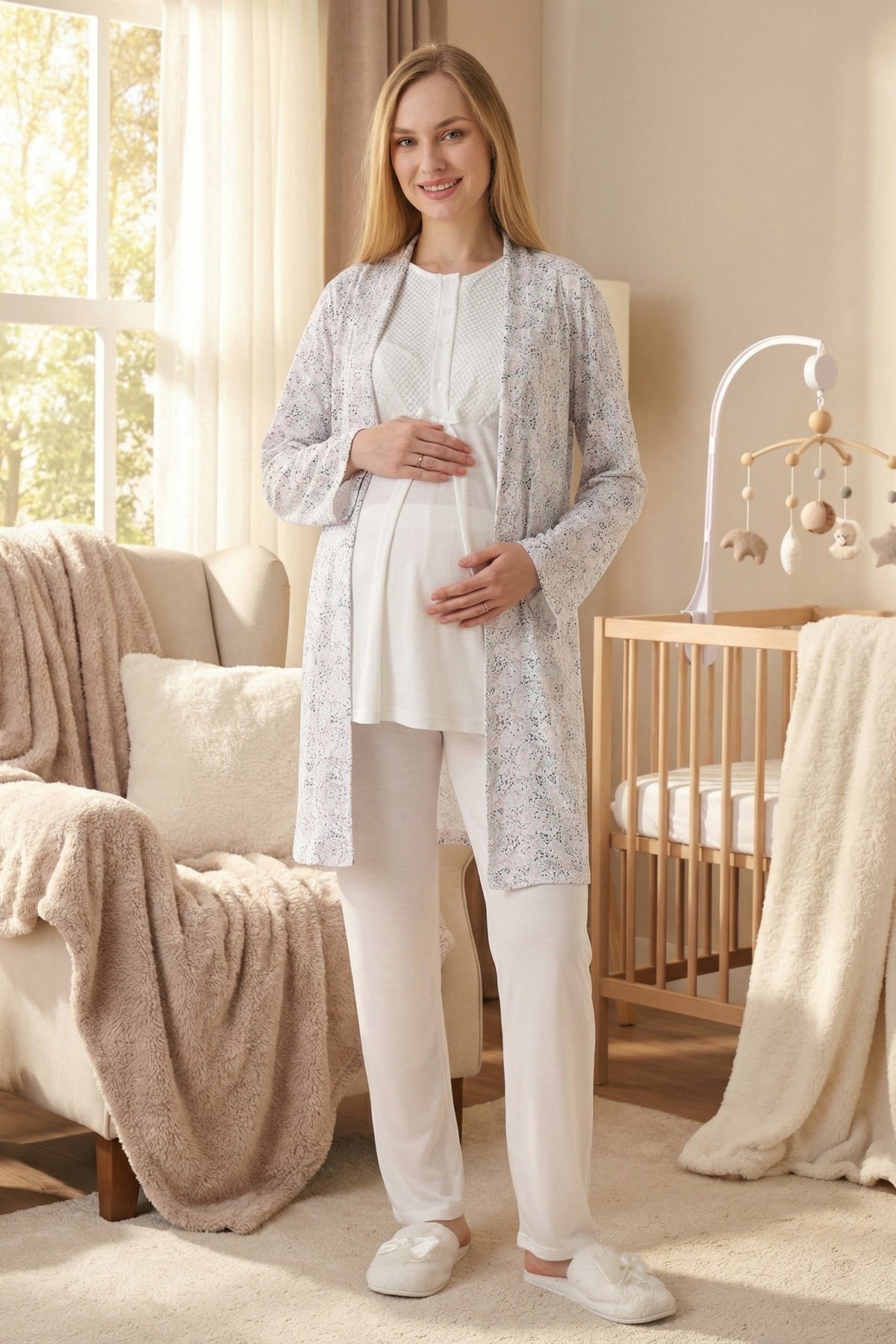 Guipure Collar 3-Piece Maternity Feeding-Friendly Pajama & Patterned Robe Set Ecru - Z3473