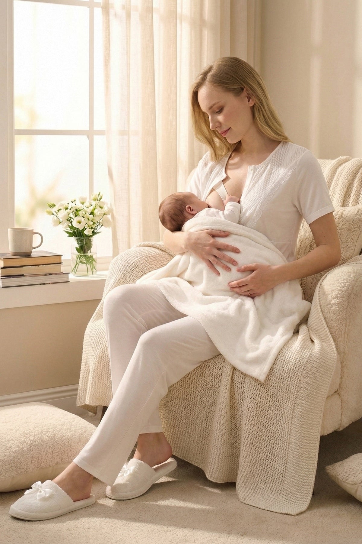 Guipure Collar 3-Piece Maternity Feeding-Friendly Pajama & Patterned Robe Set Ecru - Z3473