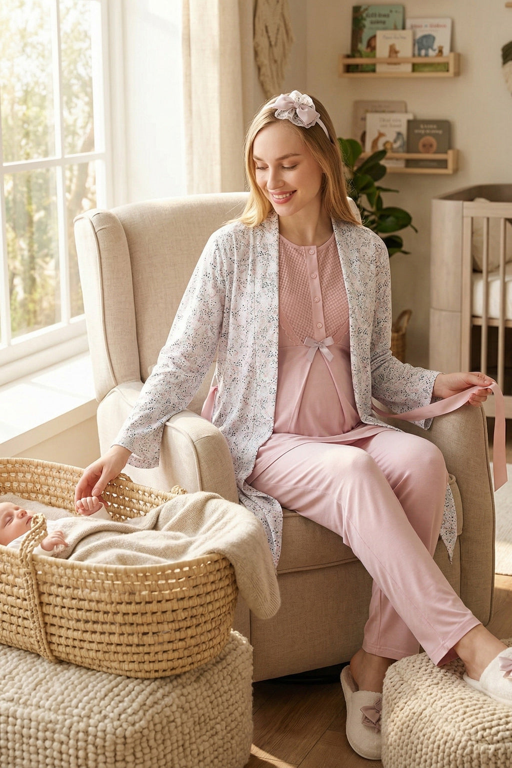 Guipure Collar 3-Piece Maternity Feeding-Friendly Pajama & Patterned Robe Set Powder - Z3473
