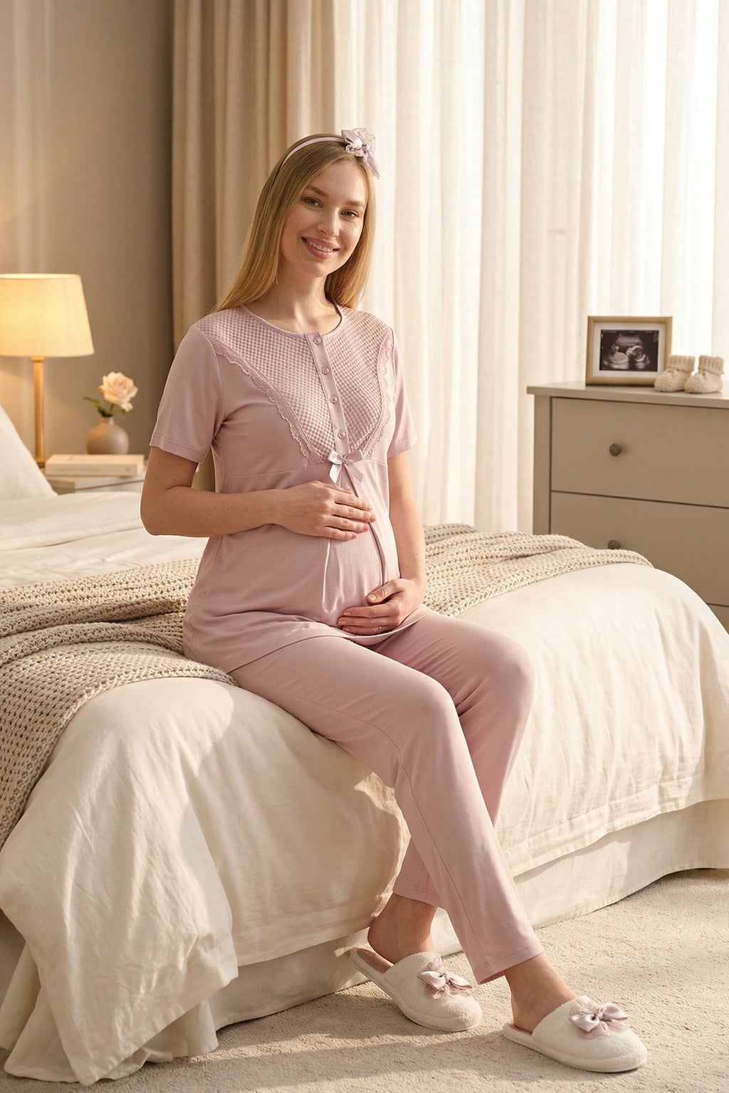 Guipure Collar 3-Piece Maternity Feeding-Friendly Pajama & Patterned Robe Set Powder - Z3473