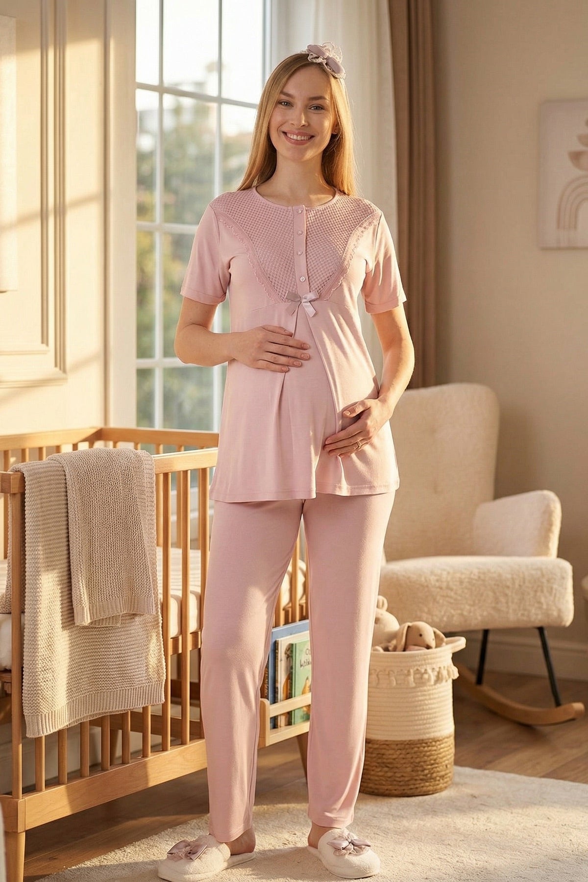Guipure Collar 3-Piece Maternity Feeding-Friendly Pajama & Patterned Robe Set Powder - Z3473