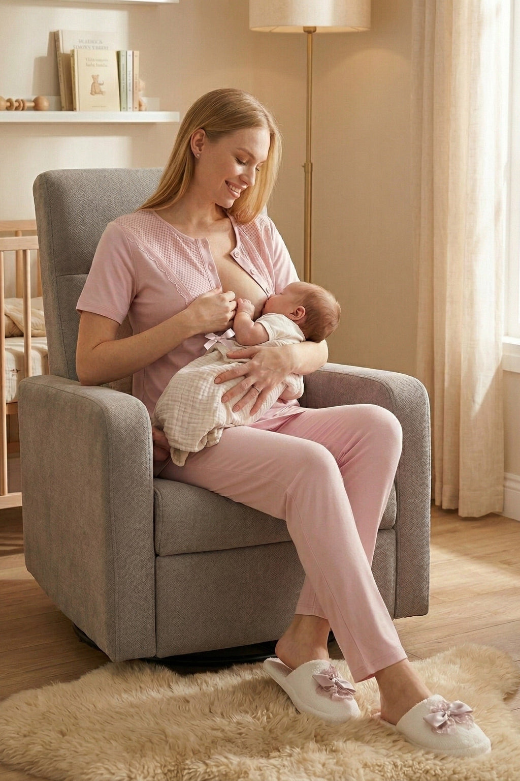 Guipure Collar 3-Piece Maternity Feeding-Friendly Pajama & Patterned Robe Set Powder - Z3473