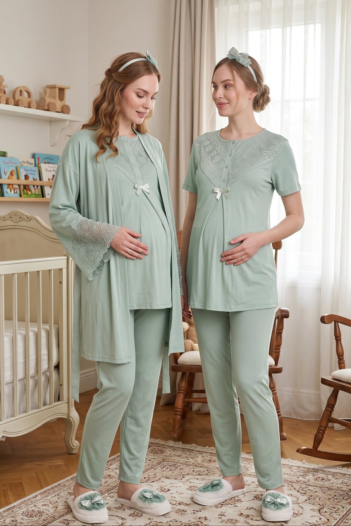 Lace Collar 3-Piece Maternity Feeding-Friendly Pajama & Lace Sleeve Robe Set Green - Z3474