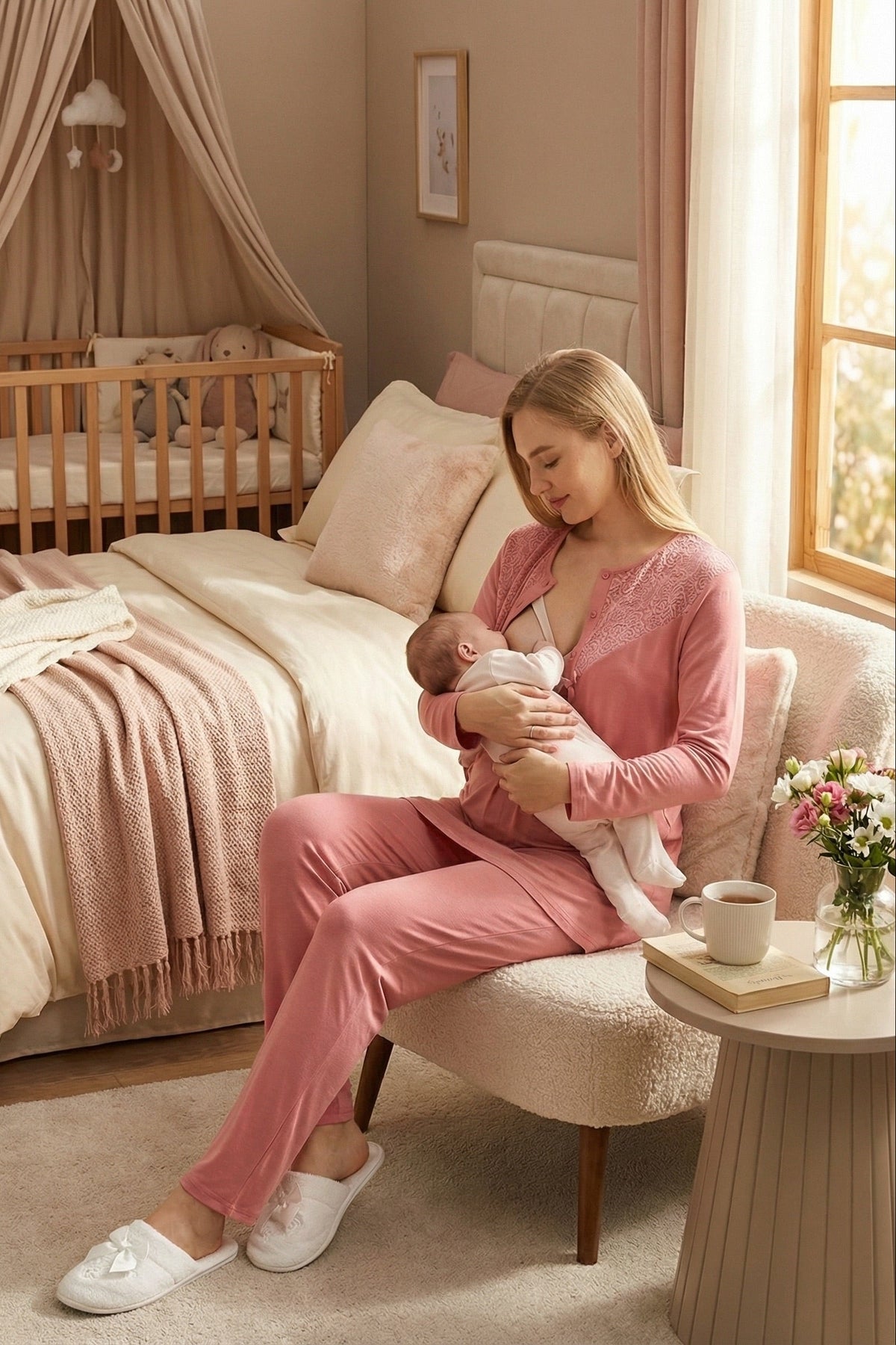 Lace Collar 3-Piece Maternity Feeding-Friendly Pajama & Lace Sleeve Robe Set Pomegranate Red - Z3474