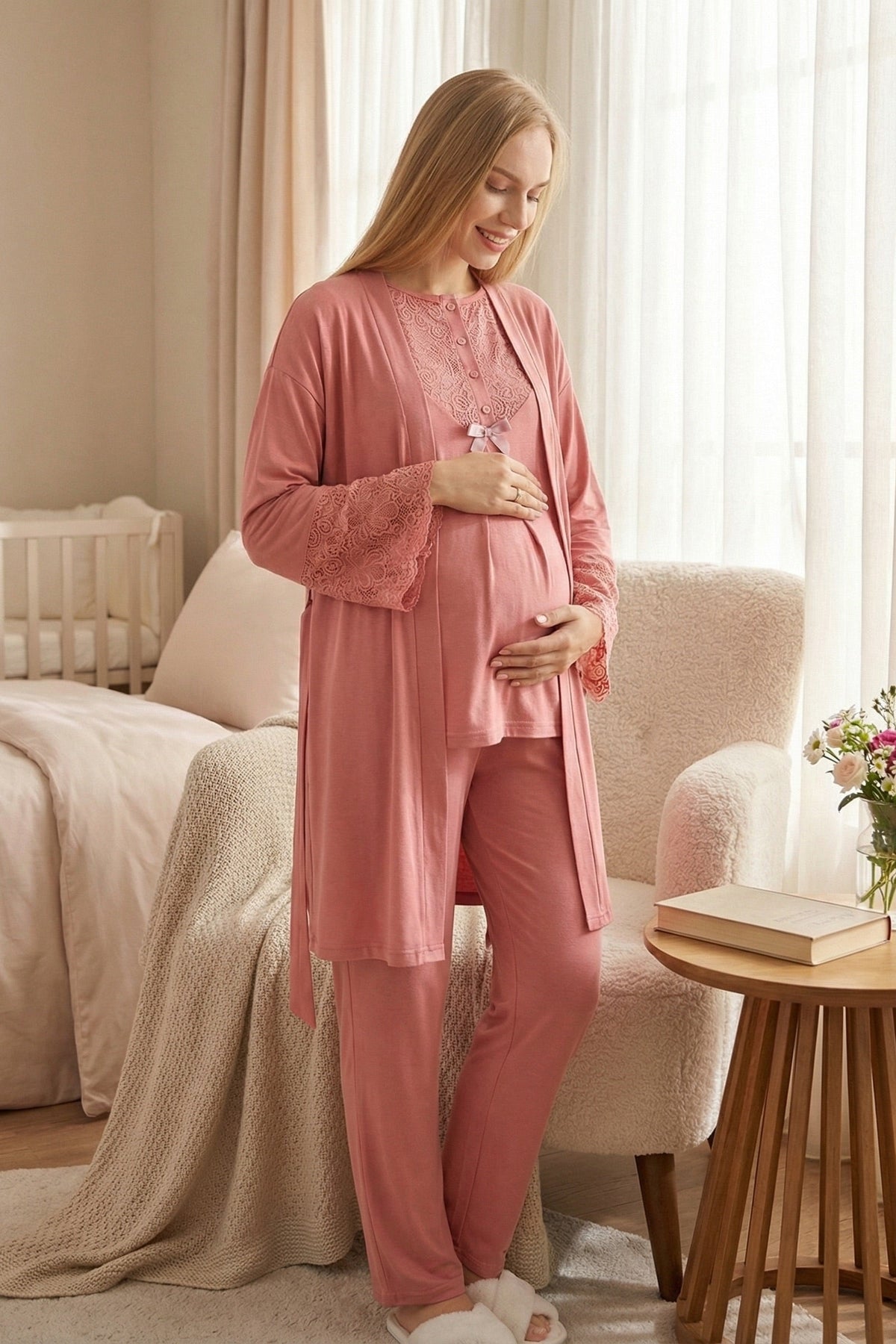 Lace Collar 3-Piece Maternity Feeding-Friendly Pajama & Lace Sleeve Robe Set Pomegranate Red - Z3474