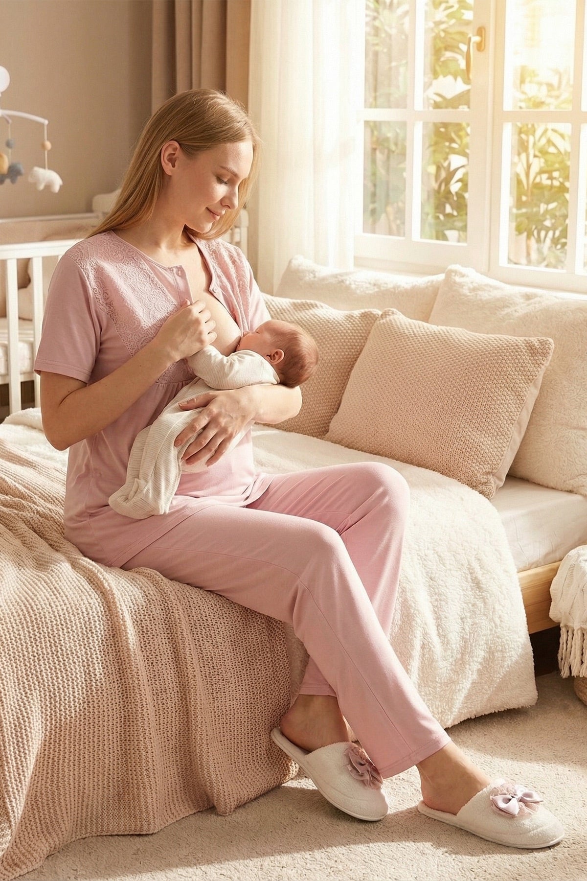 Delicate Lace Collar 3-Piece Maternity Feeding-Friendly Pajama & Jacquard Robe Set Powder - Z3475