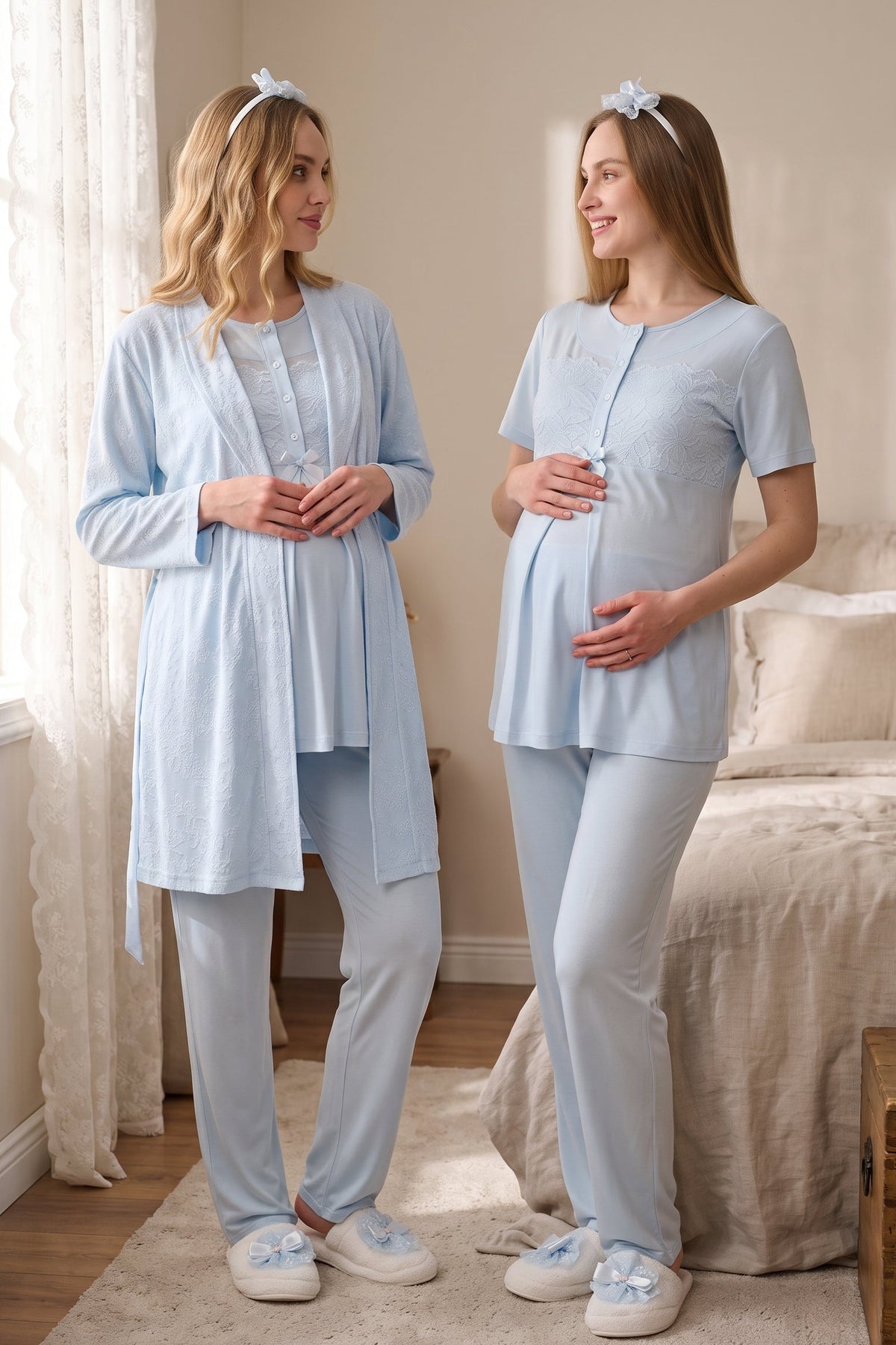Classy Lace Collar 3-Piece Maternity Feeding-Friendly Pajama & Jacquard Robe Set Blue - Z3476