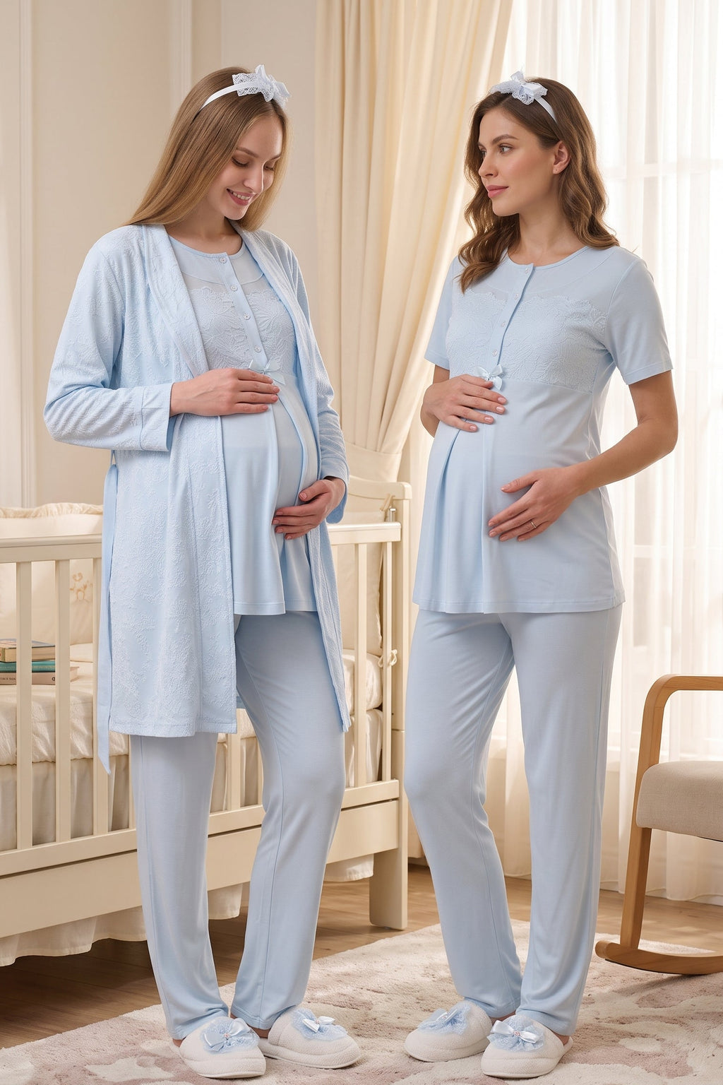 Classy Lace Collar 3-Piece Maternity Feeding-Friendly Pajama & Jacquard Robe Set Blue - Z3476
