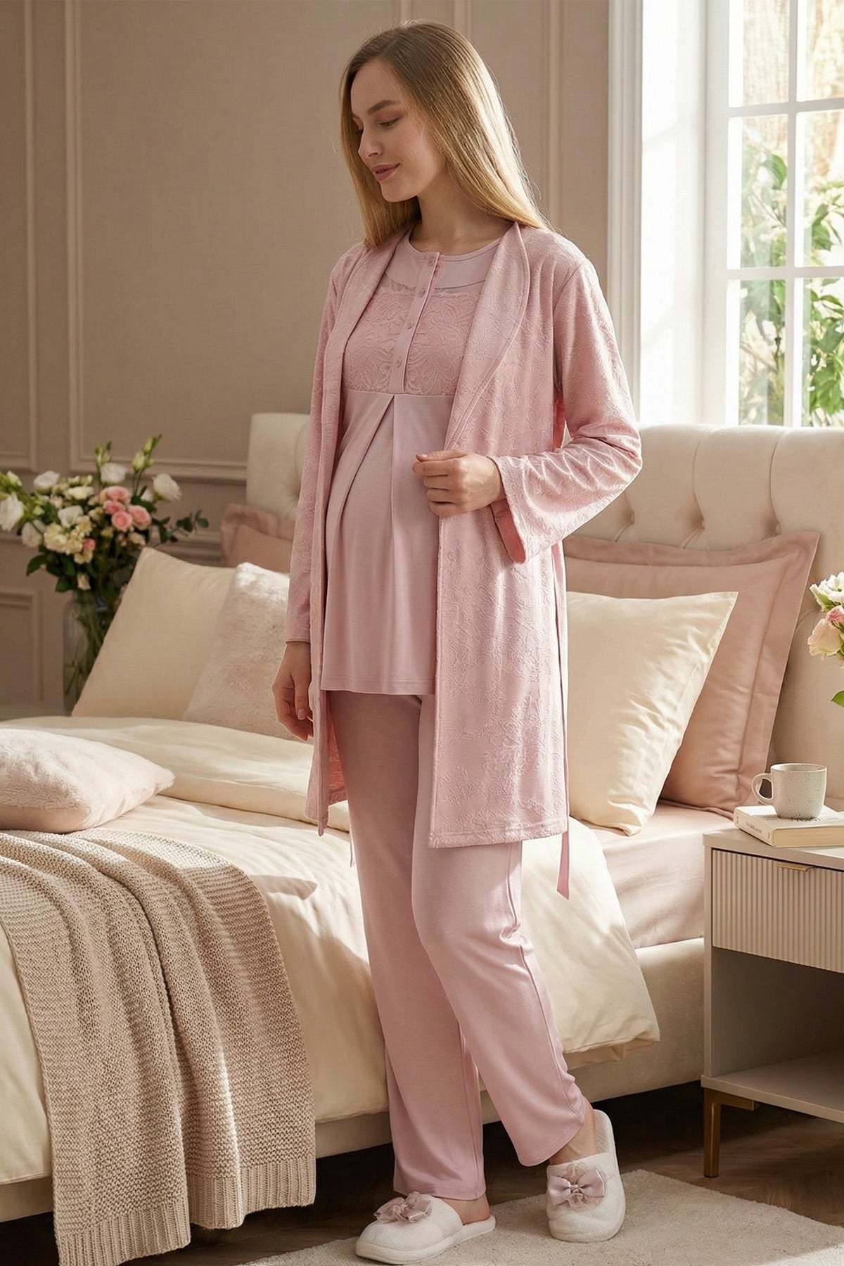 Classy Lace Collar 3-Piece Maternity Feeding-Friendly Pajama & Jacquard Robe Set Powder - Z3476