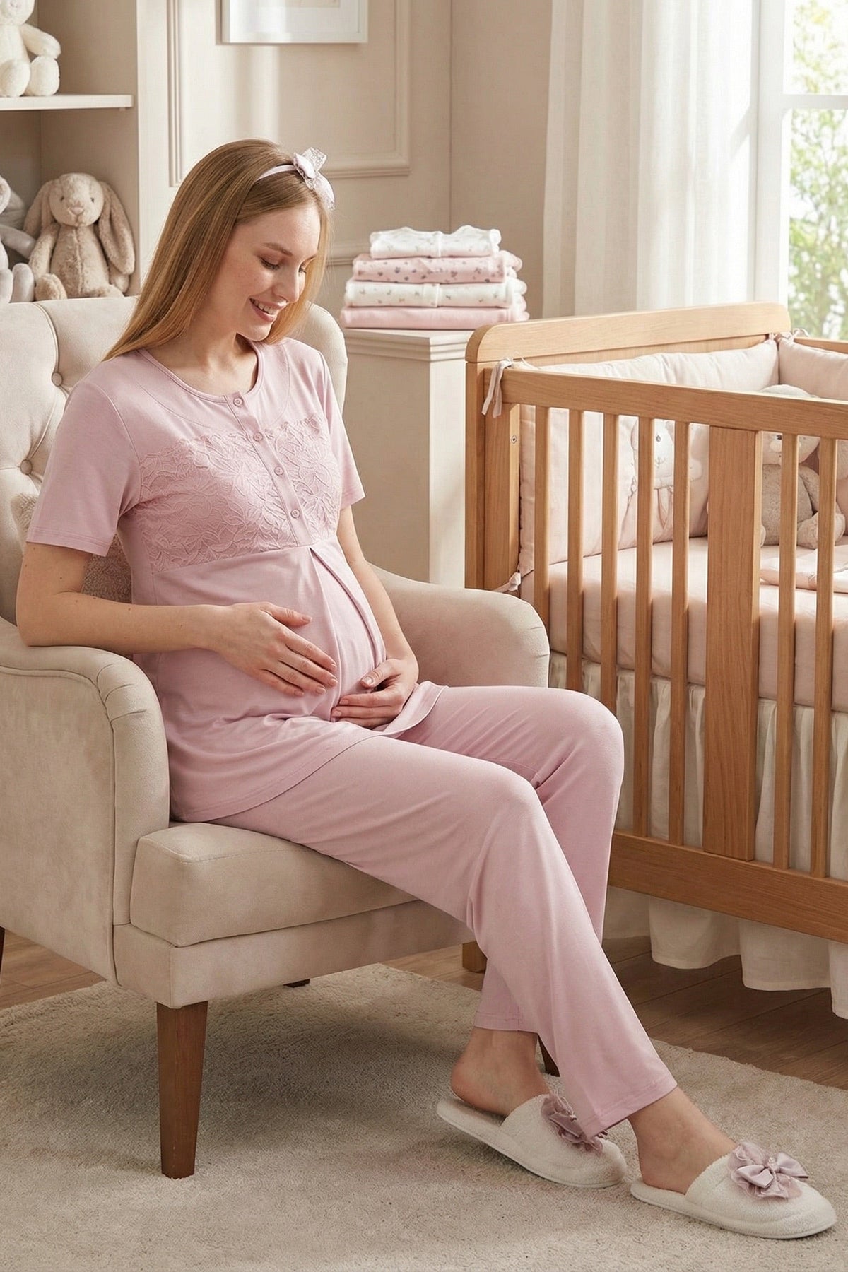 Classy Lace Collar 3-Piece Maternity Feeding-Friendly Pajama & Jacquard Robe Set Powder - Z3476