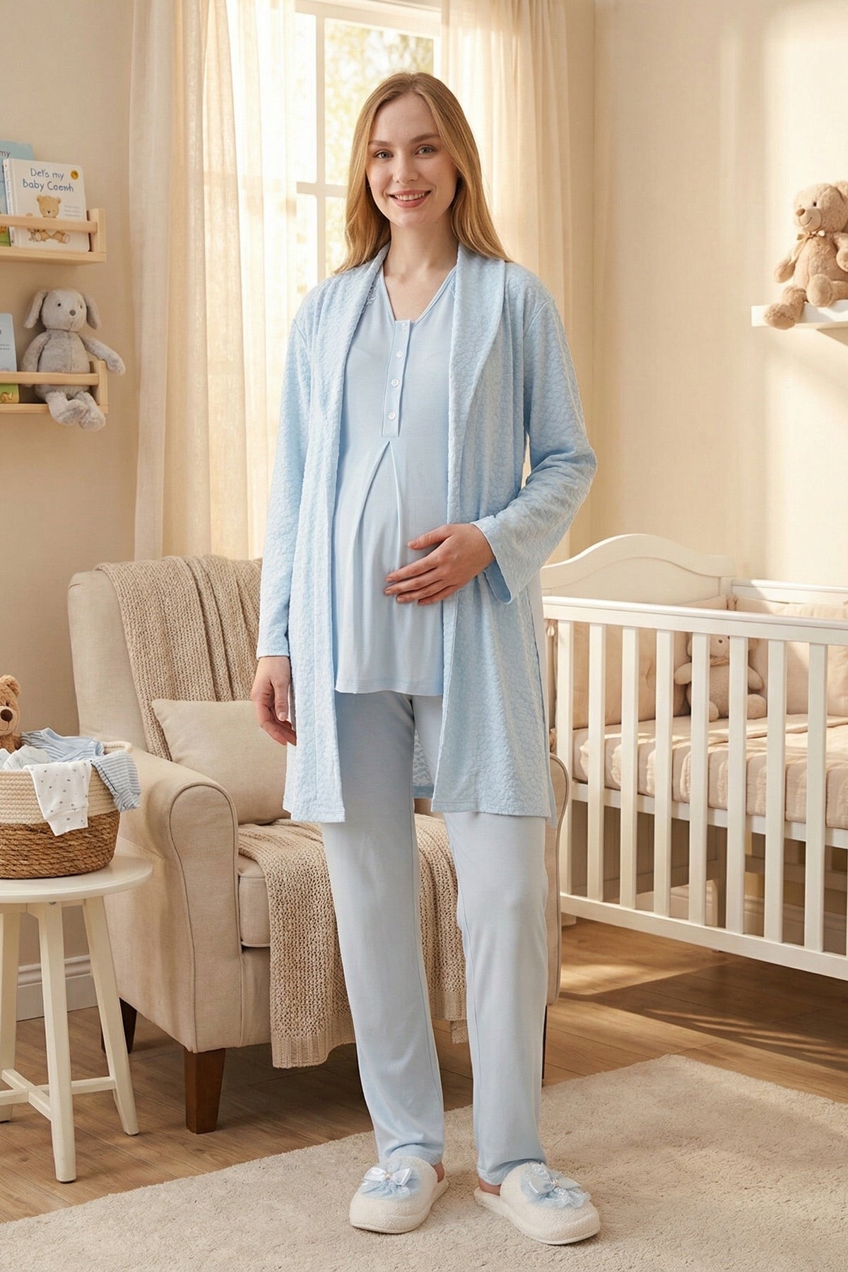 Elegant Lace Detailed 3-Piece Maternity Feeding-Friendly Pajama & Jacquard Robe Set Blue - Z3477