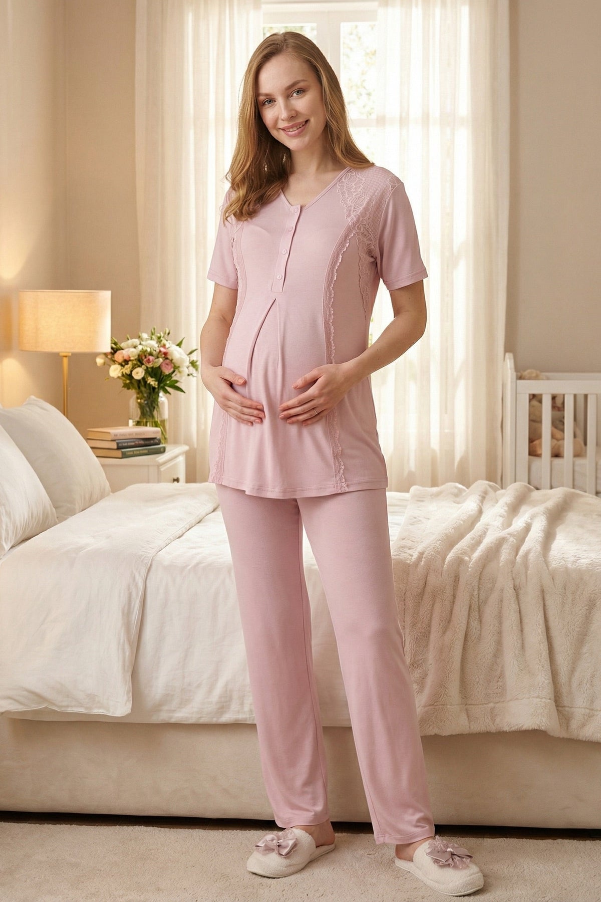 Elegant Lace Detailed 3-Piece Maternity Feeding-Friendly Pajama & Jacquard Robe Set Powder - Z3477