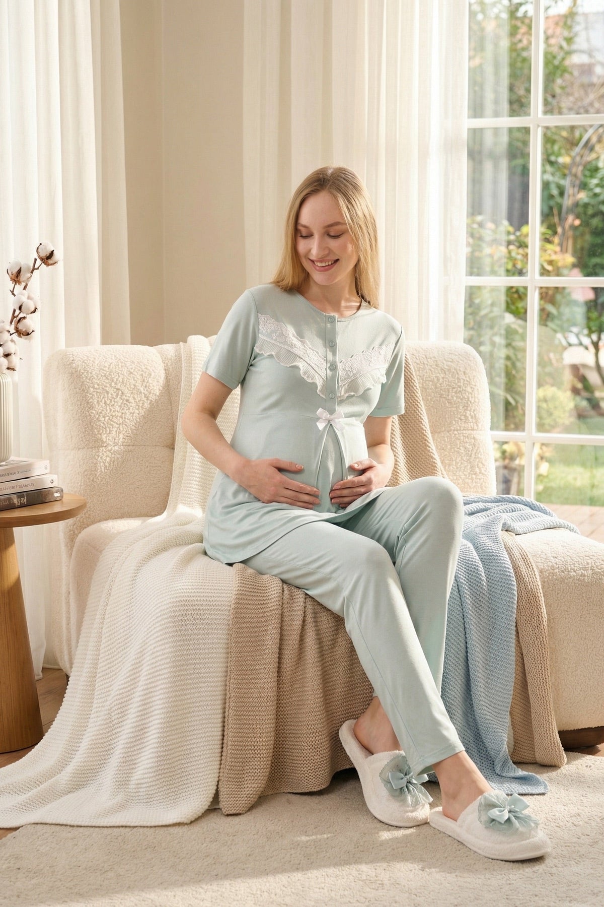 Lace Embroidered 3-Piece Maternity Feeding-Friendly Pajama & Robe Set Mint - Z3478
