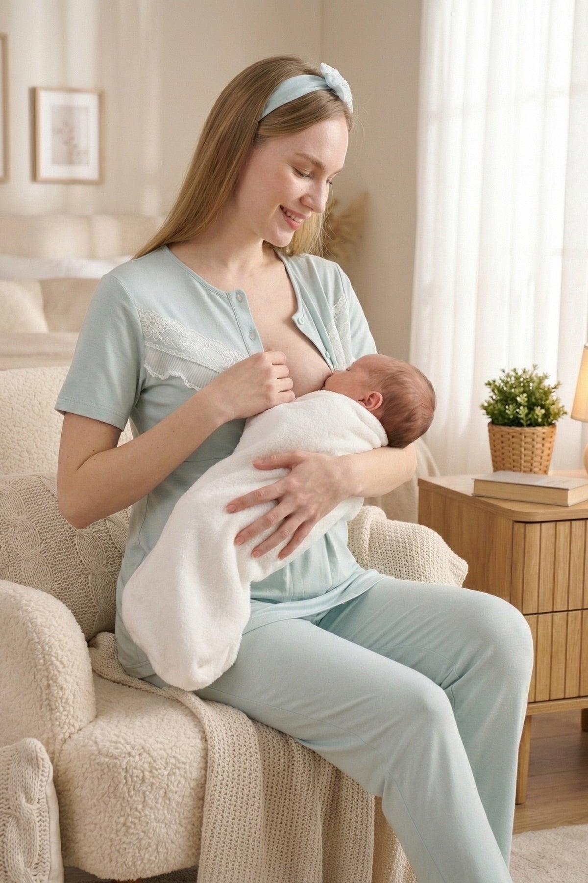 Lace Embroidered 3-Piece Maternity Feeding-Friendly Pajama & Robe Set Mint - Z3478