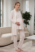 Lace Collar 3-Piece Maternity Feeding-Friendly Pajama & Jacquard Robe Set Ecru - Z3479
