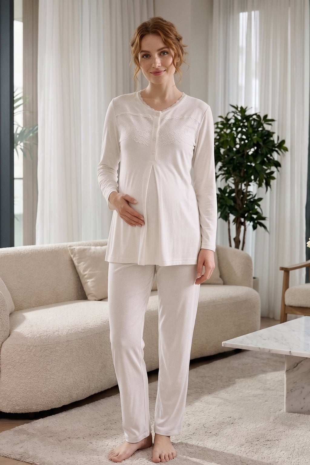 Lace Collar 3-Piece Maternity Feeding-Friendly Pajama & Jacquard Robe Set Ecru - Z3479