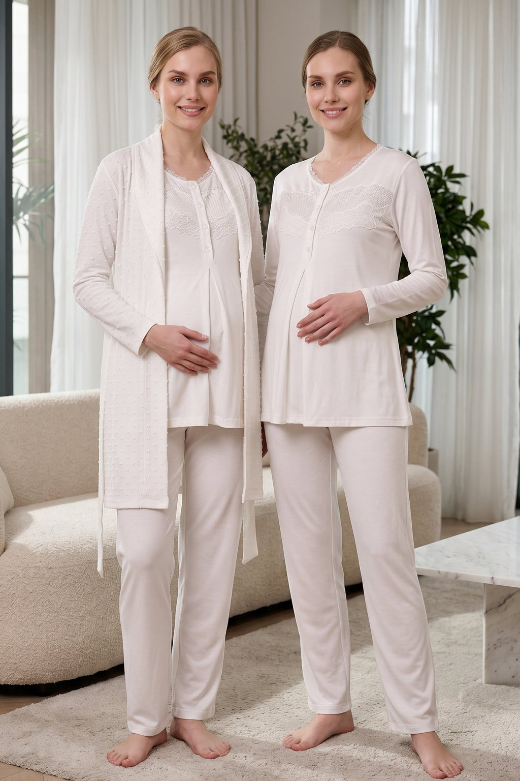 Lace Collar 3-Piece Maternity Feeding-Friendly Pajama & Jacquard Robe Set Ecru - Z3479