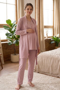 Lace Collar 3-Piece Maternity Feeding-Friendly Pajama & Jacquard Robe Set Powder - Z3479