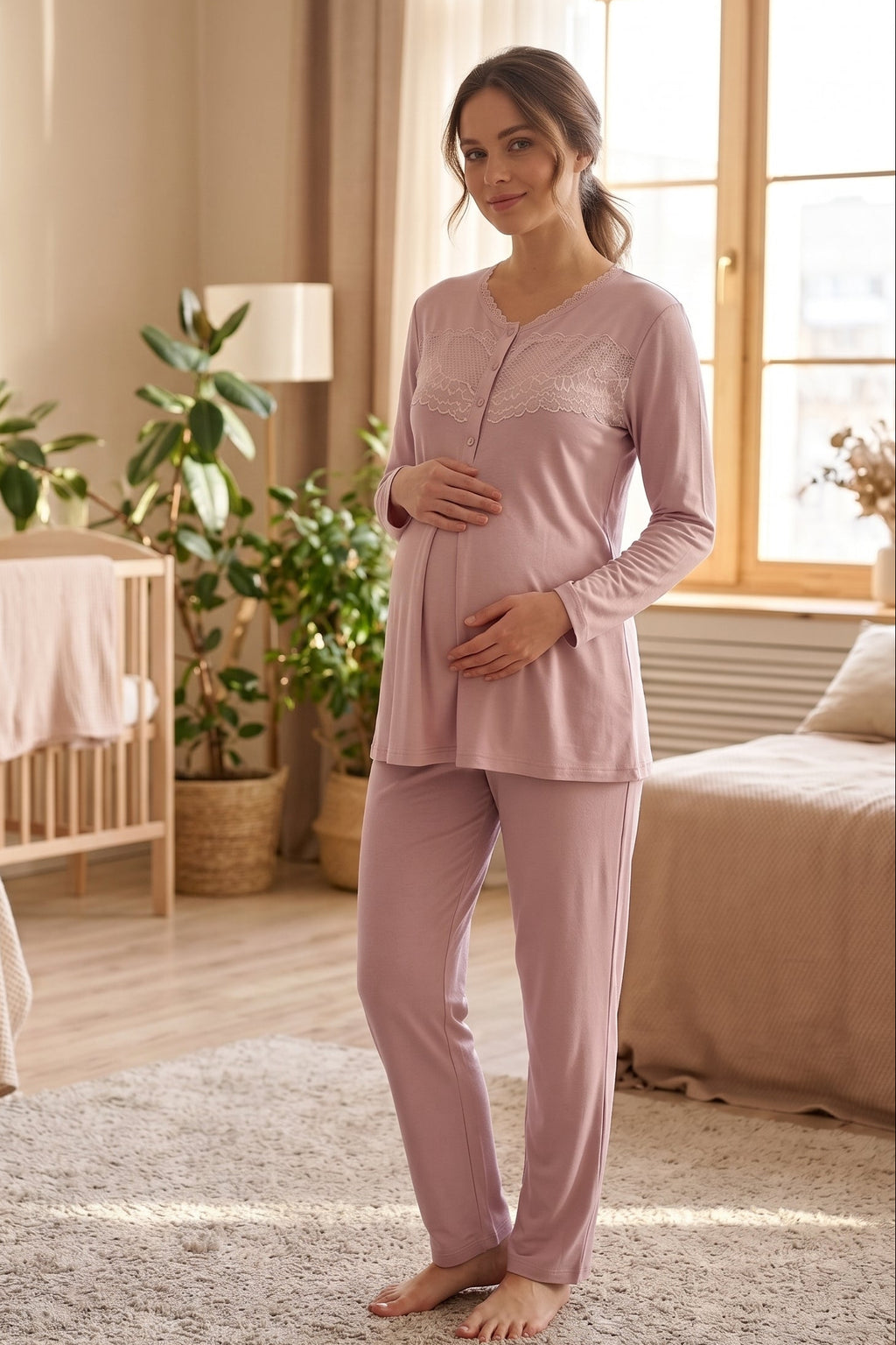 Lace Collar 3-Piece Maternity Feeding-Friendly Pajama & Jacquard Robe Set Powder - Z3479