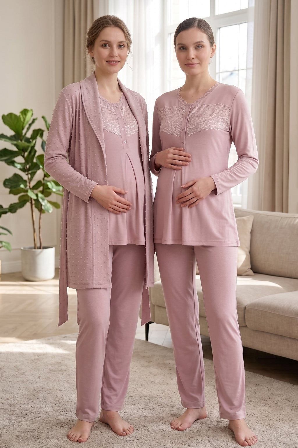 Lace Collar 3-Piece Maternity Feeding-Friendly Pajama & Jacquard Robe Set Powder - Z3479