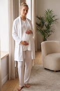 Lace Trim 3-Piece Maternity Feeding-Friendly Pajama & Jacquard Robe Set Ecru - Z3480