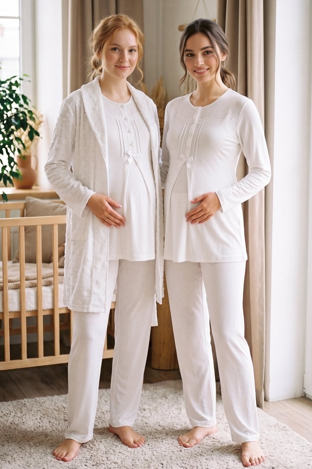 Lace Trim 3-Piece Maternity Feeding-Friendly Pajama & Jacquard Robe Set Ecru - Z3480