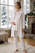 Lace Collar 3-Piece Maternity Feeding-Friendly Pajama & Square Jacquard Robe Set Ecru - Z3481