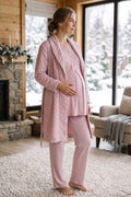 Lace Collar 3-Piece Maternity Feeding-Friendly Pajama & Square Jacquard Robe Set Powder - Z3481
