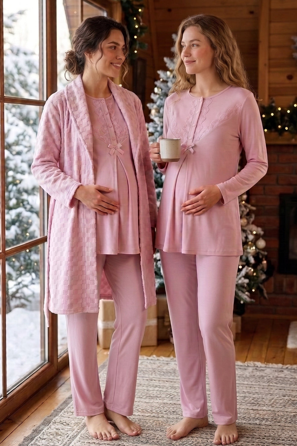 Lace Collar 3-Piece Maternity Feeding-Friendly Pajama & Square Jacquard Robe Set Powder - Z3481
