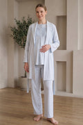 Lace Collar 3-Piece Maternity Feeding-Friendly Pajama & Patterned Robe Set Blue - Z3482
