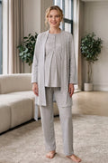 Lace Collar 3-Piece Maternity Feeding-Friendly Pajama & Patterned Robe Set Grey - Z3482