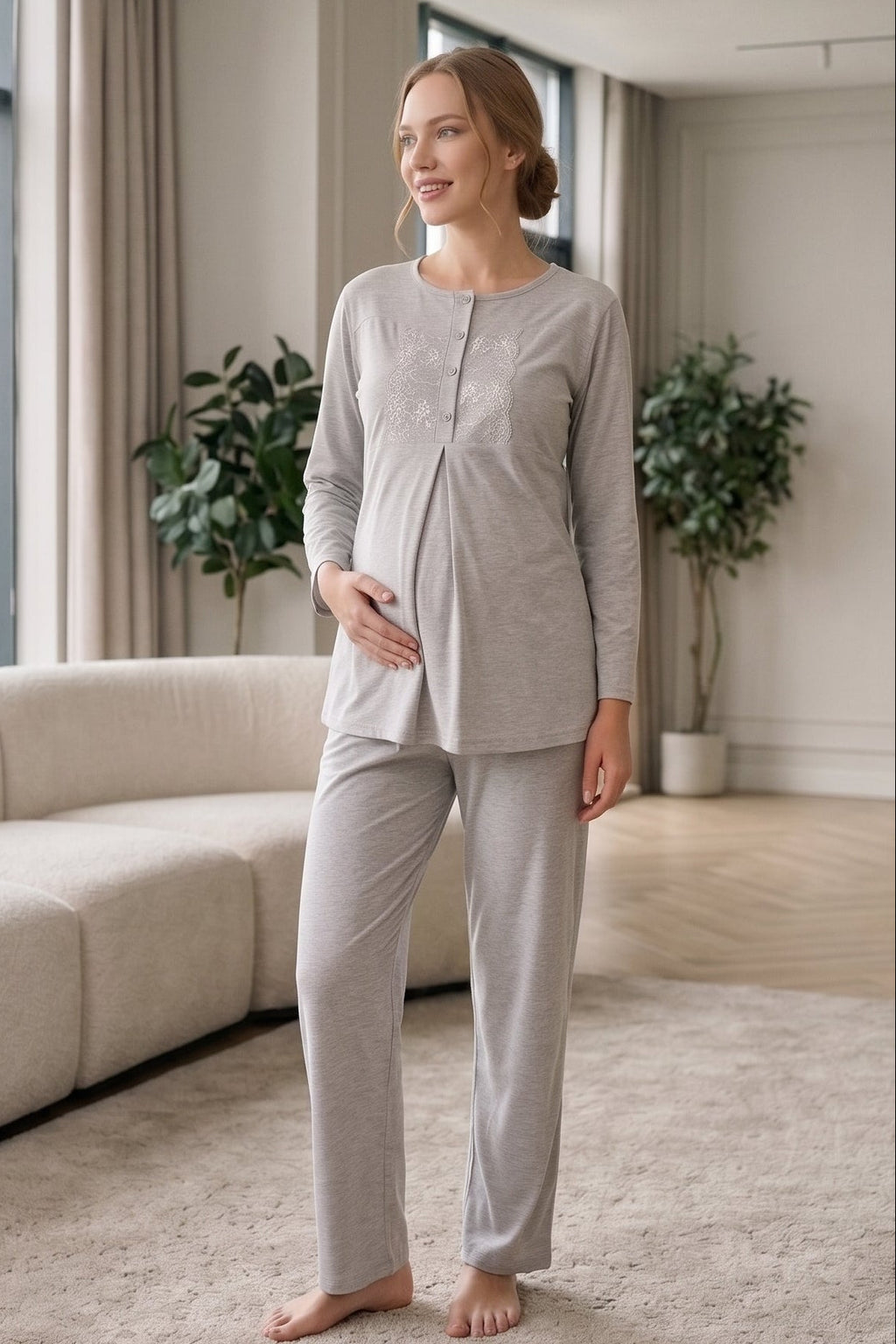 Lace Collar 3-Piece Maternity Feeding-Friendly Pajama & Patterned Robe Set Grey - Z3482