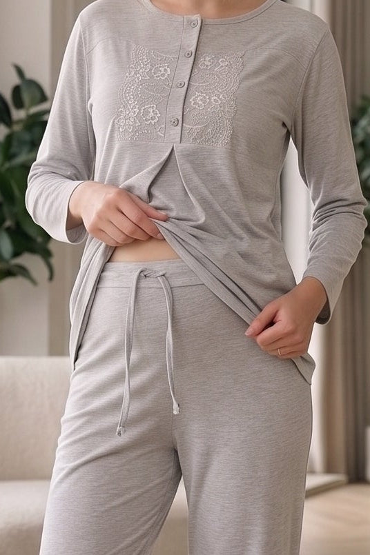 Lace Collar 3-Piece Maternity Feeding-Friendly Pajama & Patterned Robe Set Grey - Z3482