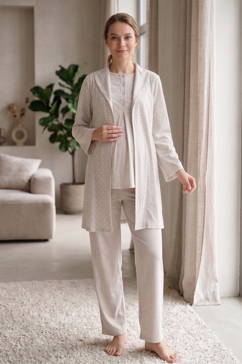 Lace Collar 3-Piece Maternity Feeding-Friendly Pajama & Patterned Robe Set Mink - Z3482