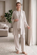 Lace Collar 3-Piece Maternity Feeding-Friendly Pajama & Patterned Robe Set Mink - Z3482