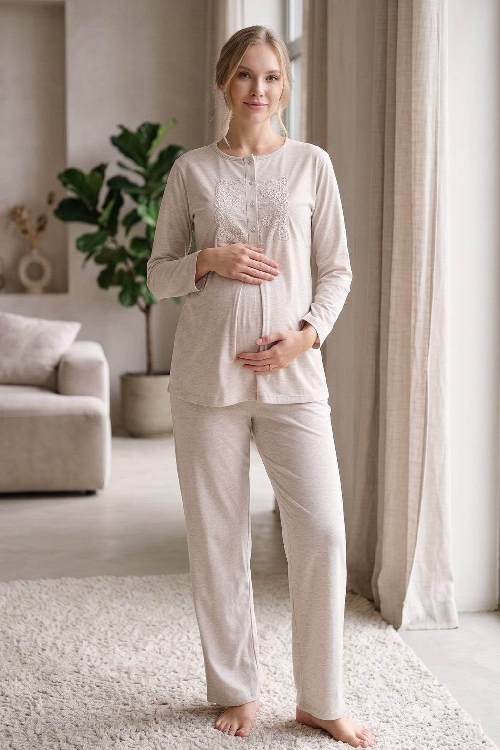 Lace Collar 3-Piece Maternity Feeding-Friendly Pajama & Patterned Robe Set Mink - Z3482
