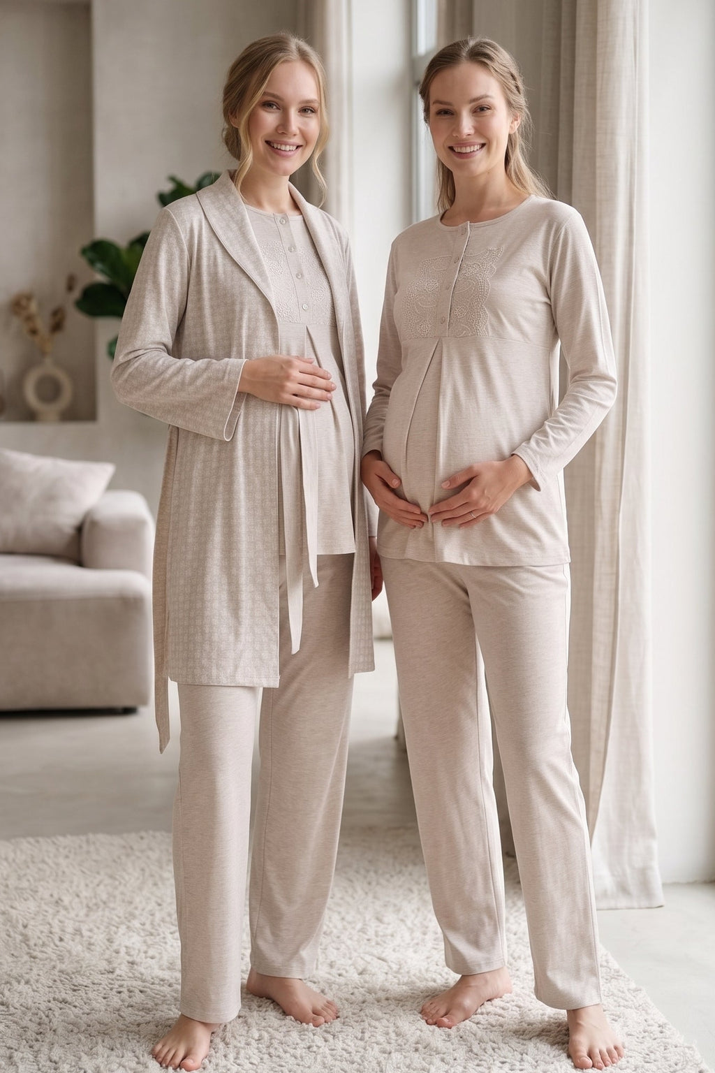 Lace Collar 3-Piece Maternity Feeding-Friendly Pajama & Patterned Robe Set Mink - Z3482