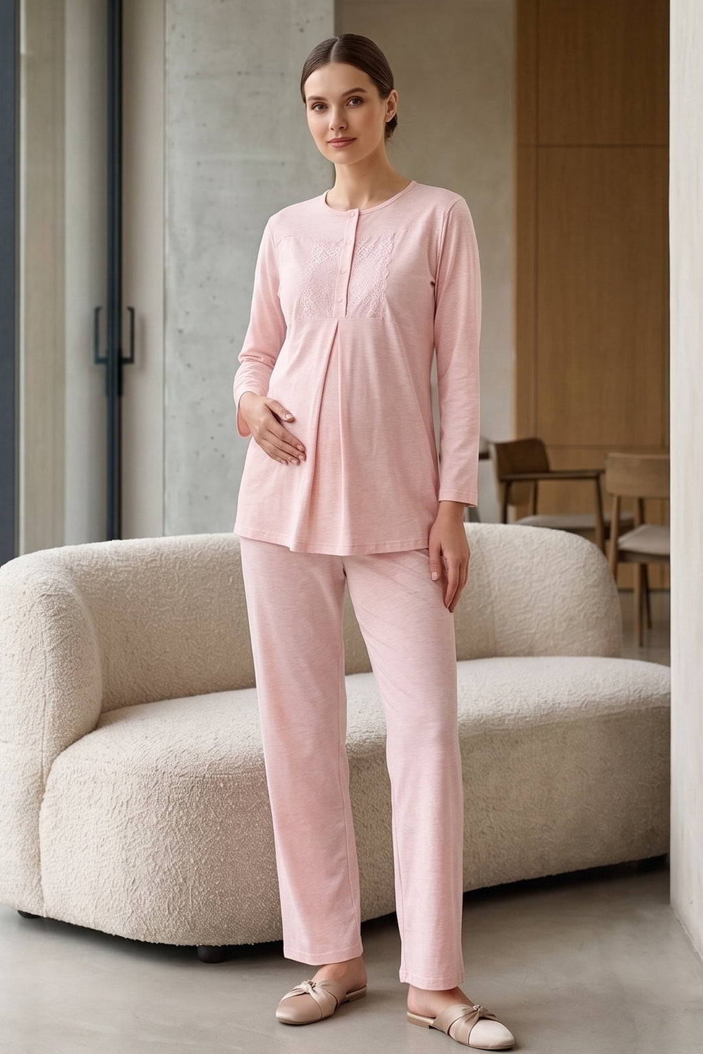 Lace Collar 3-Piece Maternity Feeding-Friendly Pajama & Patterned Robe Set Salmon - Z3482