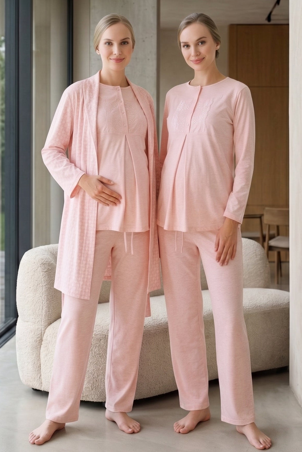 Lace Collar 3-Piece Maternity Feeding-Friendly Pajama & Patterned Robe Set Salmon - Z3482