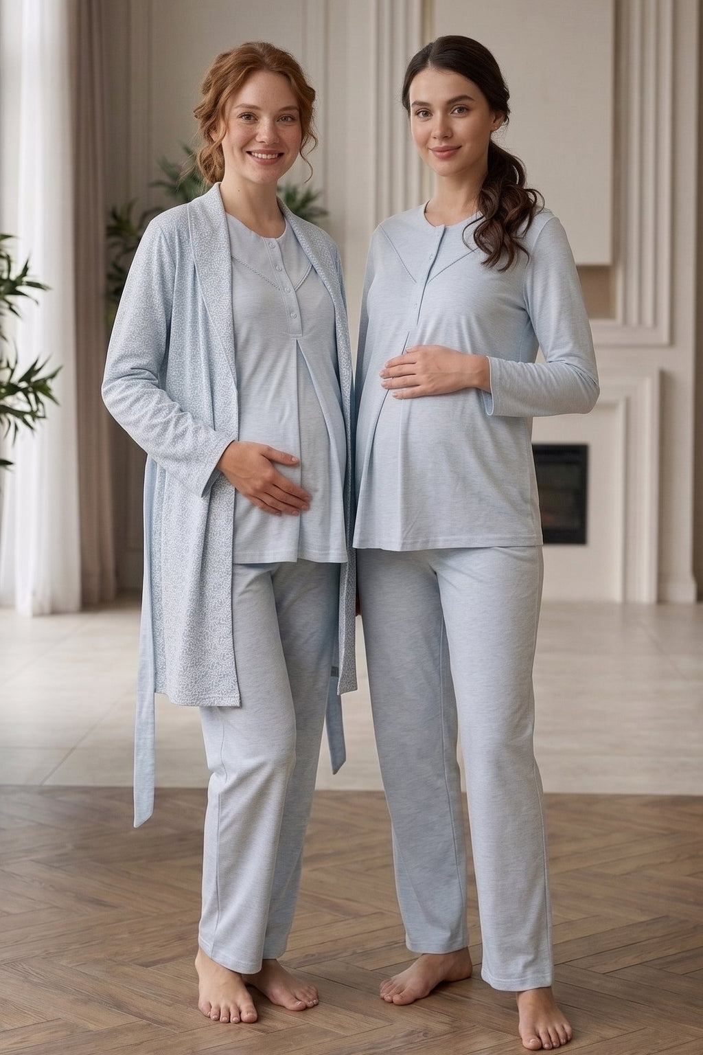 Square Collar 3-Piece Maternity Feeding-Friendly Pajama & Patterned Robe Set Blue - Z3483