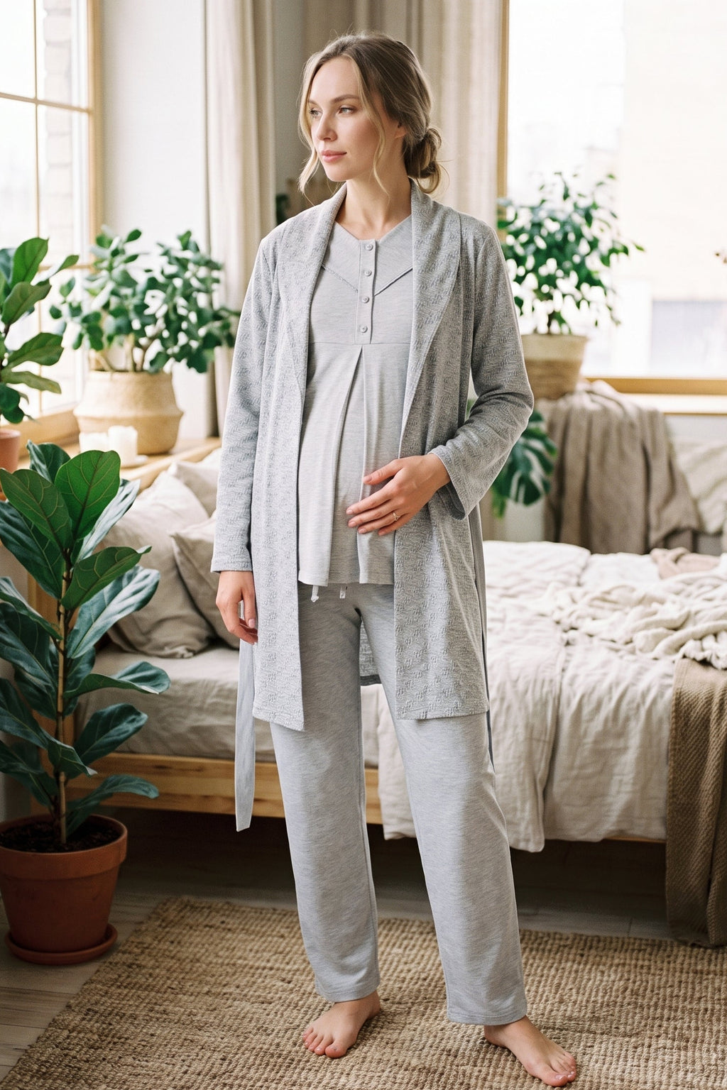 Square Collar 3-Piece Maternity Feeding-Friendly Pajama & Patterned Robe Set Grey - Z3483