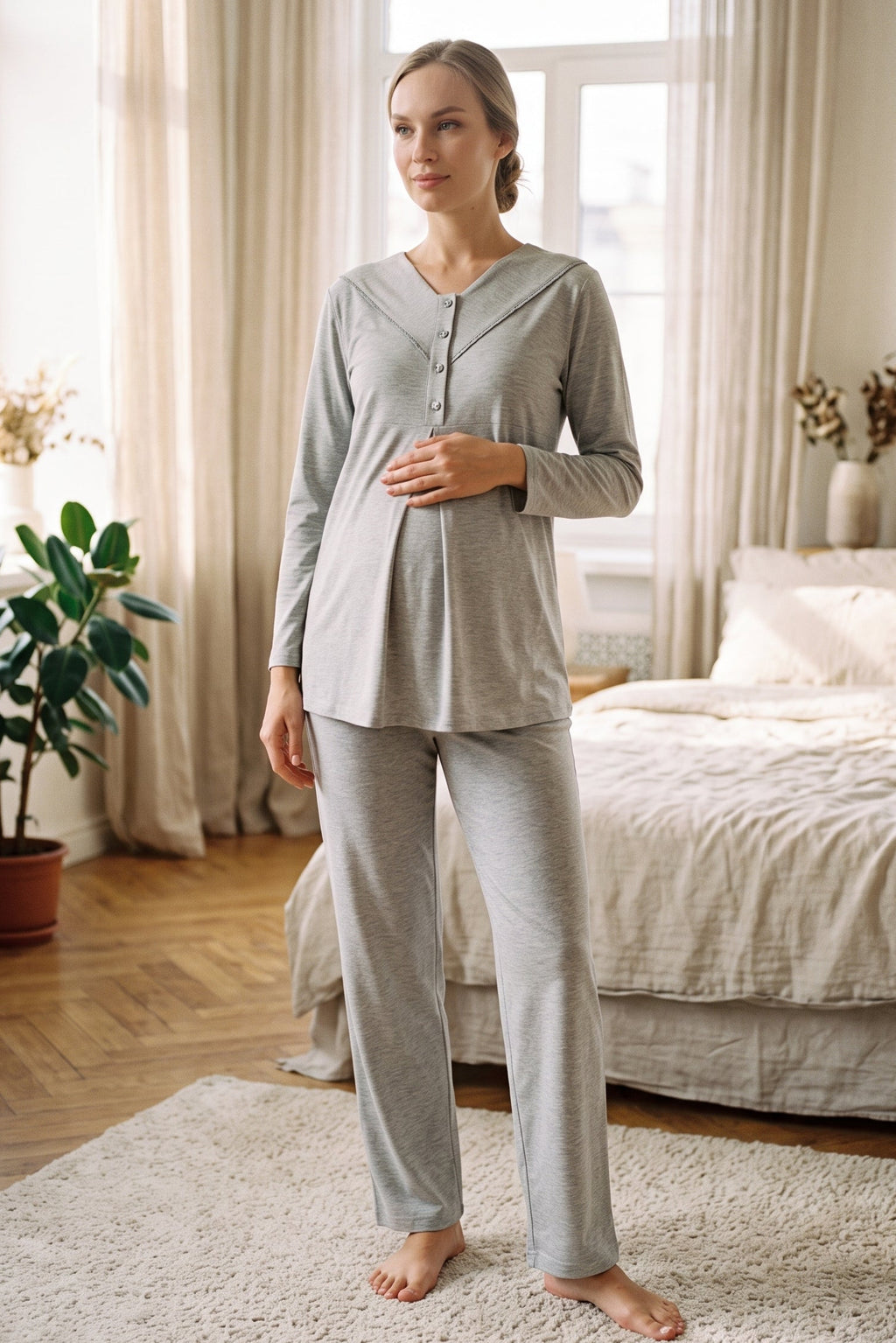 Square Collar 3-Piece Maternity Feeding-Friendly Pajama & Patterned Robe Set Grey - Z3483