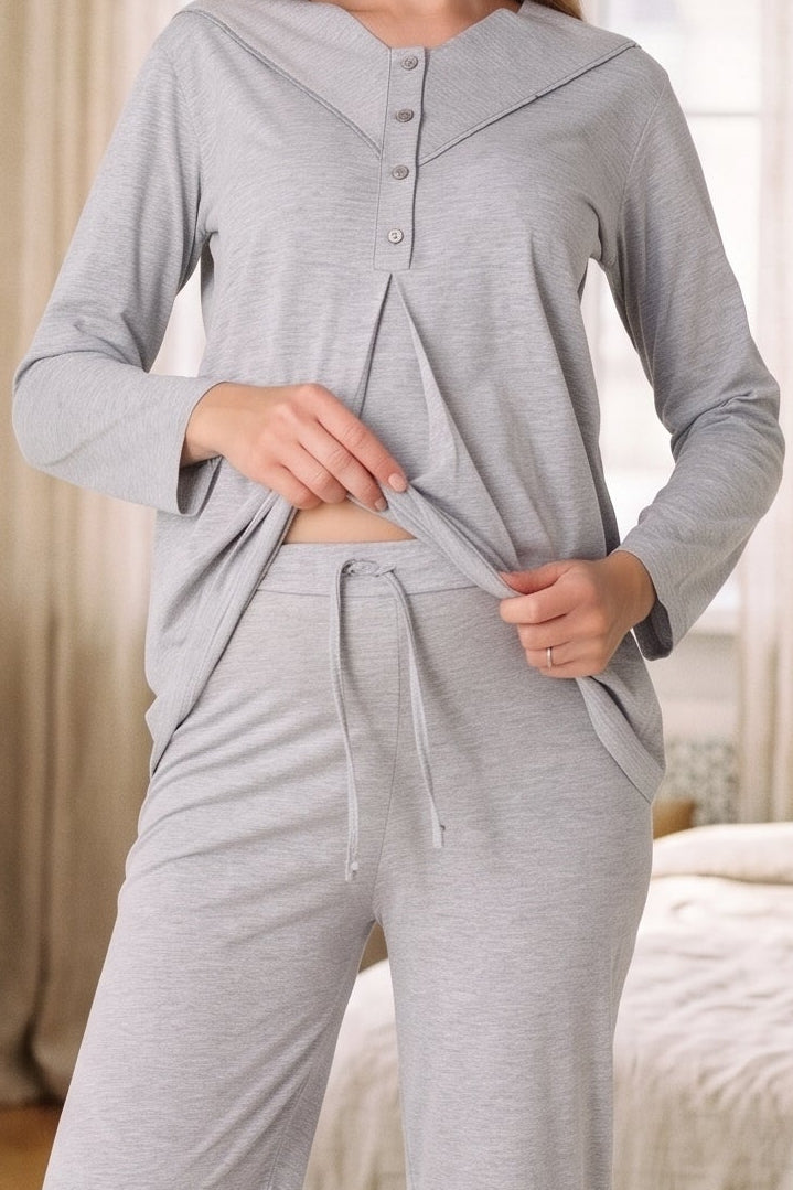 Square Collar 3-Piece Maternity Feeding-Friendly Pajama & Patterned Robe Set Grey - Z3483