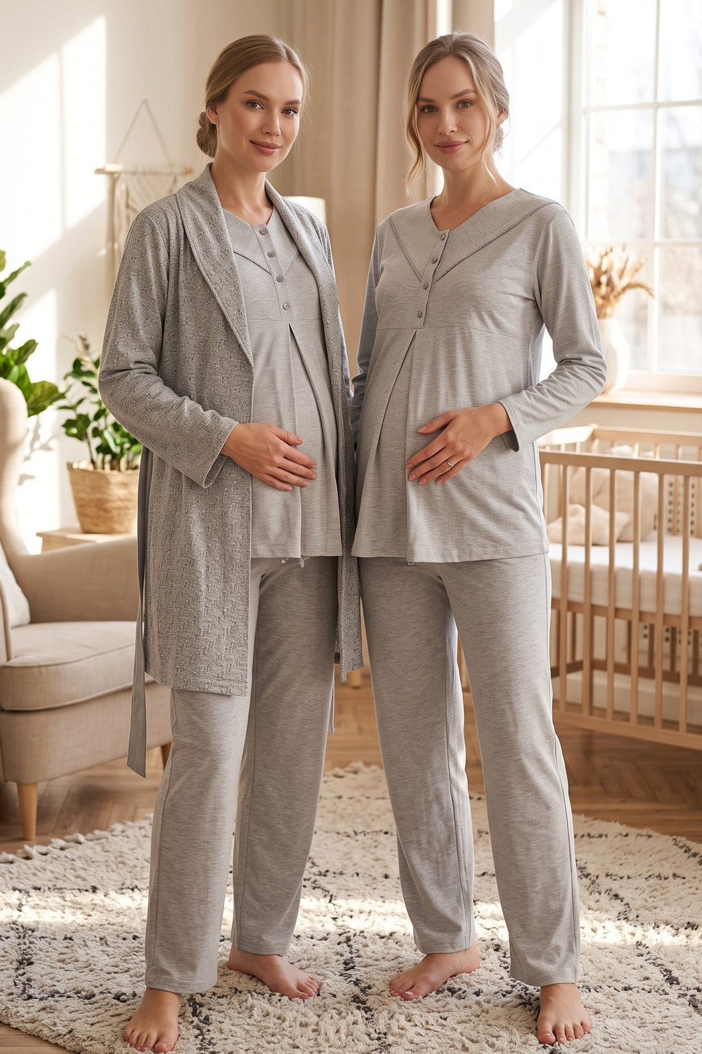 Square Collar 3-Piece Maternity Feeding-Friendly Pajama & Patterned Robe Set Grey - Z3483