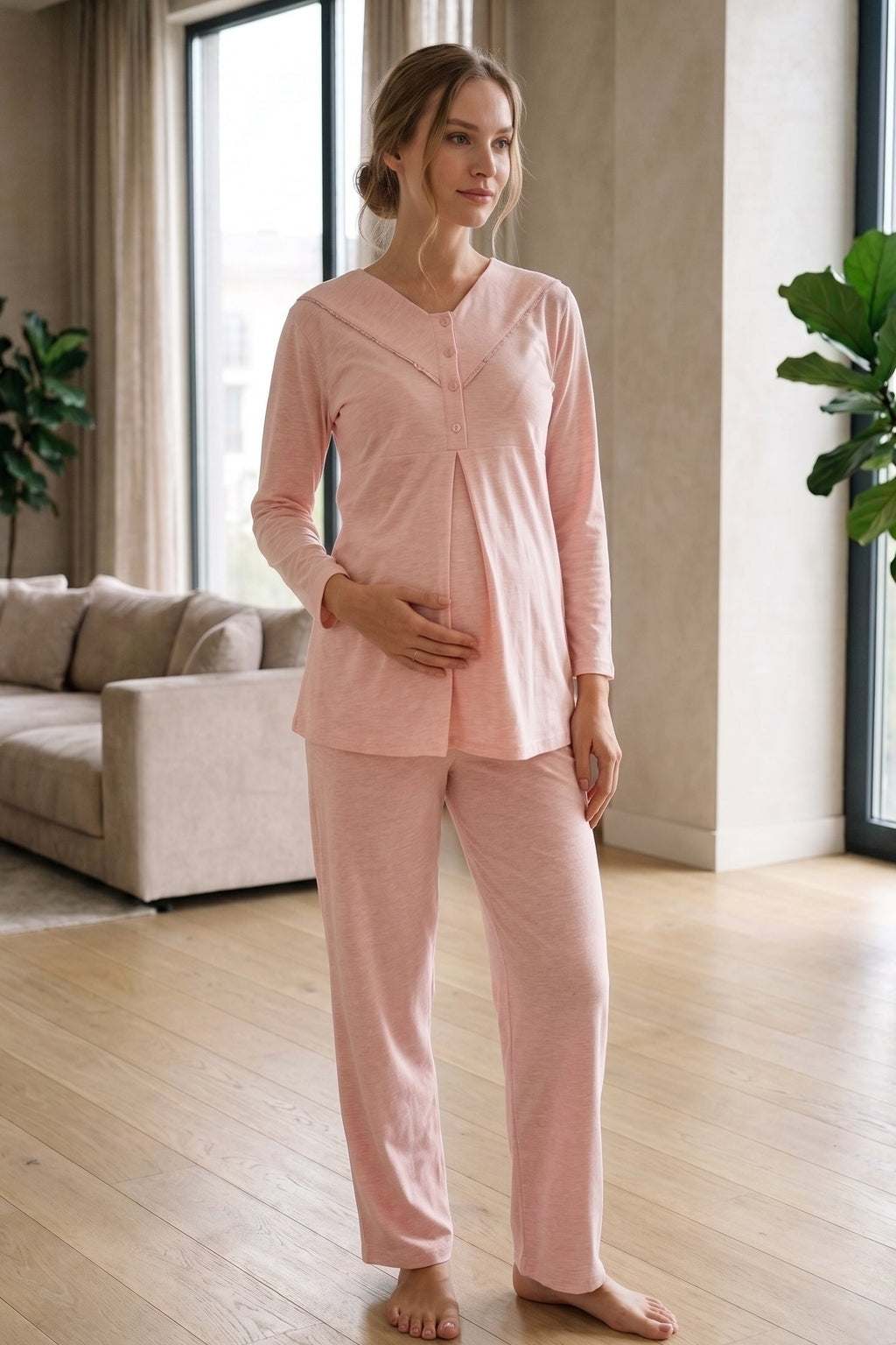 ياقة مربعة 3-Piece بيجامة صديقة للأمومة ورداء منقوش سمك السلمون - Z3483