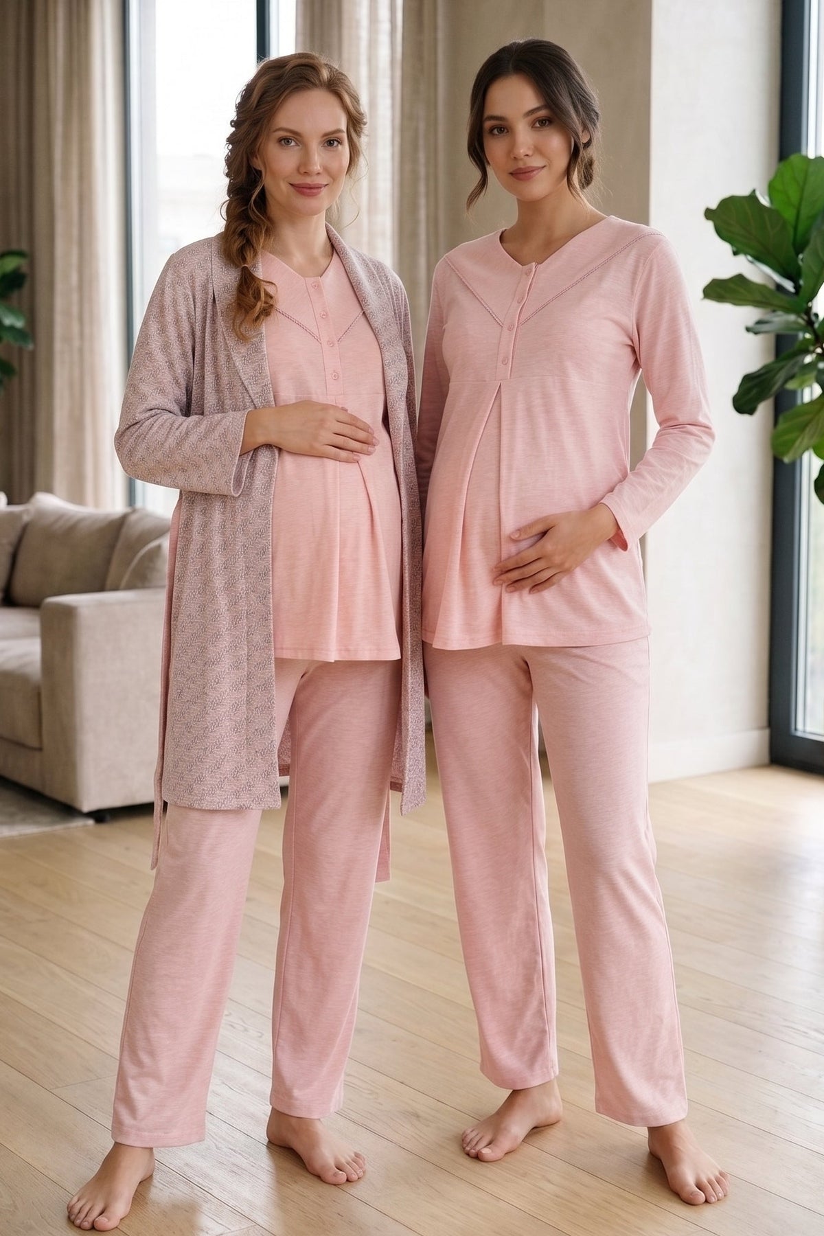 ياقة مربعة 3-Piece بيجامة صديقة للأمومة ورداء منقوش سمك السلمون - Z3483