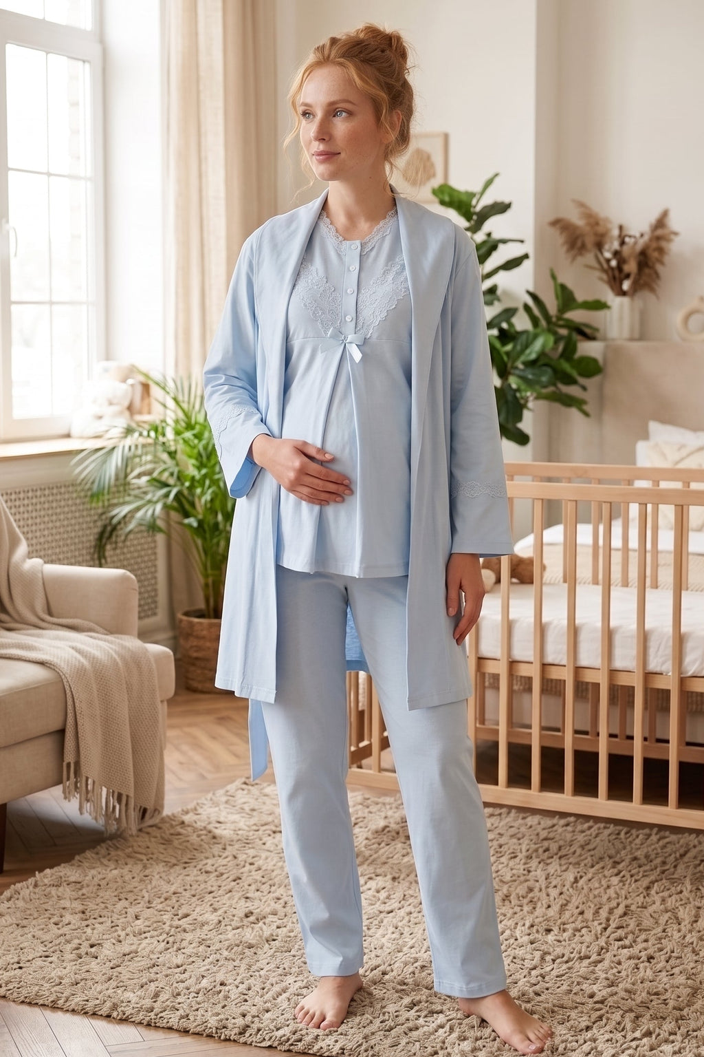 Lace Collar 3-Piece Maternity Feeding-Friendly Pajama & Lace Sleeve Robe Set Blue - Z3489