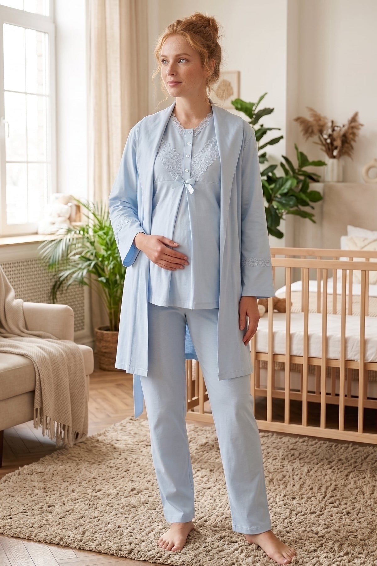 Lace Collar 3-Piece Maternity Feeding-Friendly Pajama & Lace Sleeve Robe Set Blue - Z3489