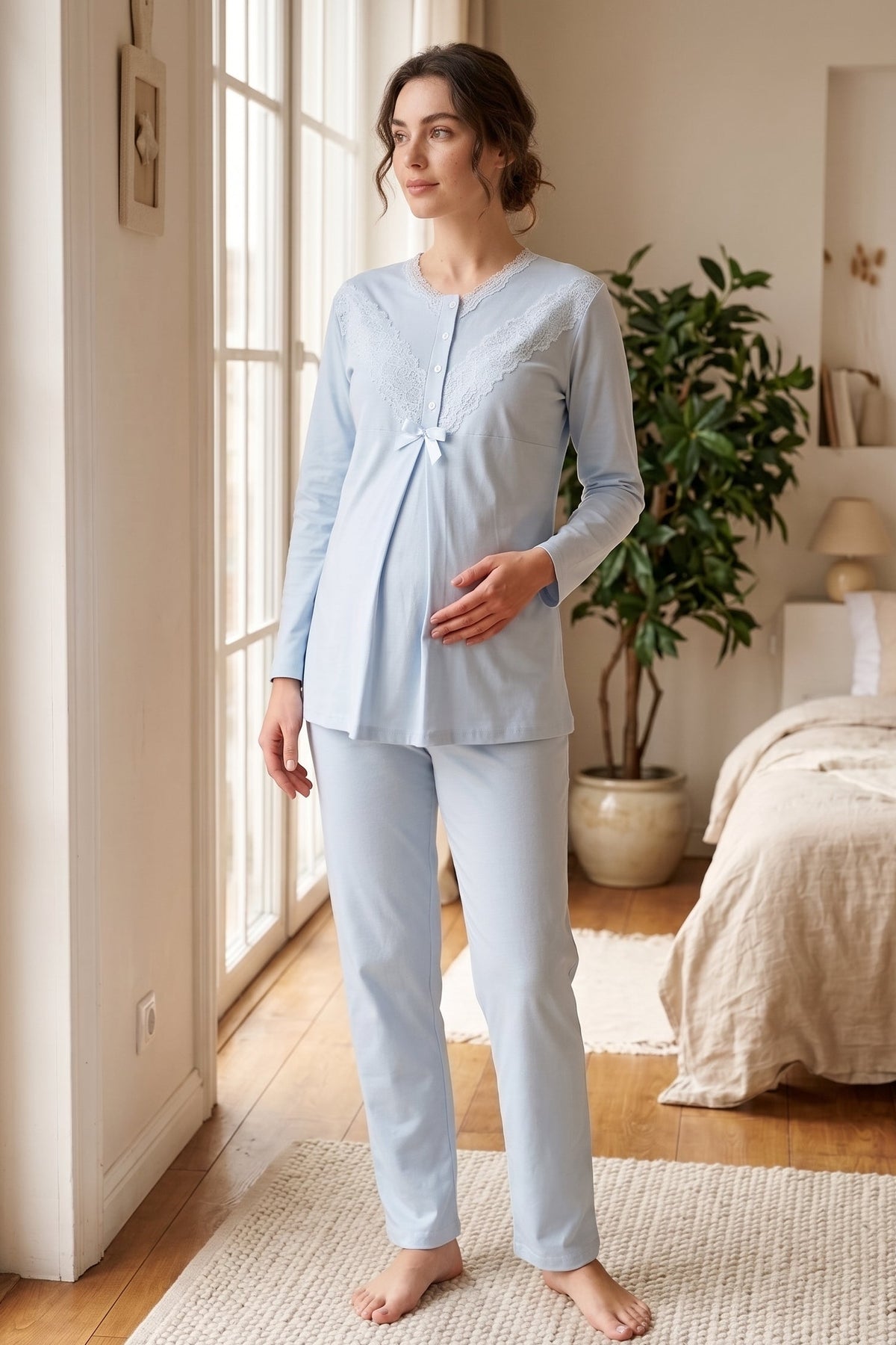 Lace Collar 3-Piece Maternity Feeding-Friendly Pajama & Lace Sleeve Robe Set Blue - Z3489